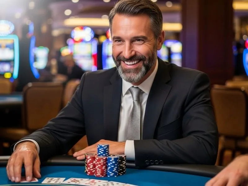 Old man smiling and celebrating his win with casino chips at a table inside Jack Million Casino.