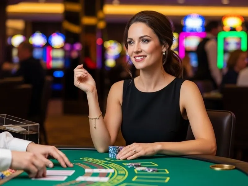 Woman enjoying casino night with chips at a gaming table inside Jack Million Casino