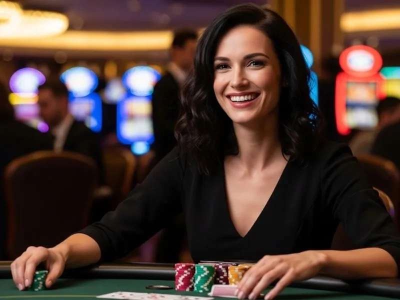 A smiling woman happily placing her bet with colorful chips at a casino table, representing the lively atmosphere of Jack Million Casino.