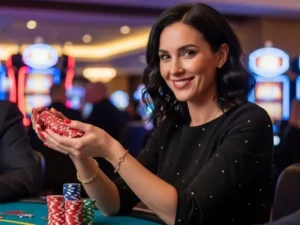 Lady happily holding casino chips in hand at a physical casino, enjoying her win at Jefe Casino.