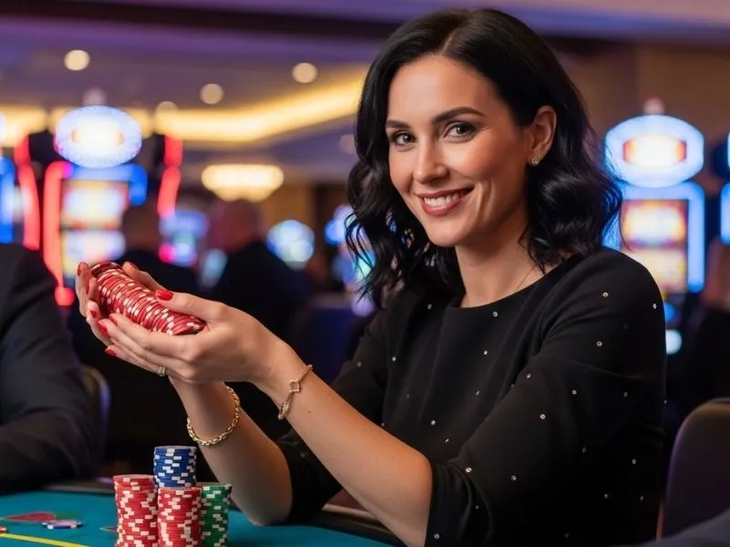 Lady happily holding casino chips in hand at a physical casino, enjoying her win at Jefe Casino.