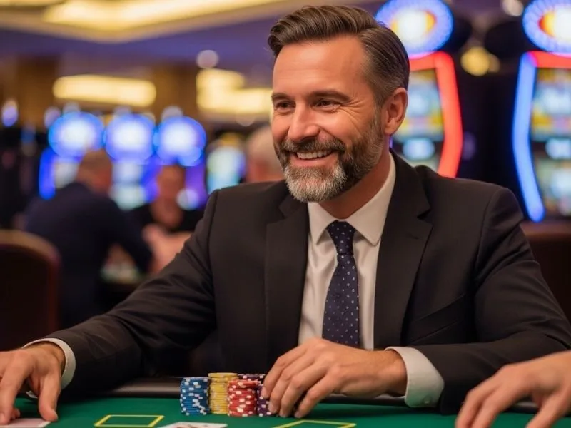 Man laughing with poker chips at a casino table at Jefe Casino