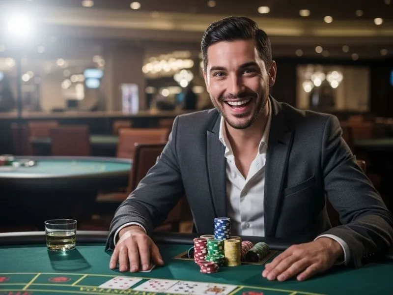 Man celebrating a big win at a physical casino, holding poker chips with excitement at Jefe Casino