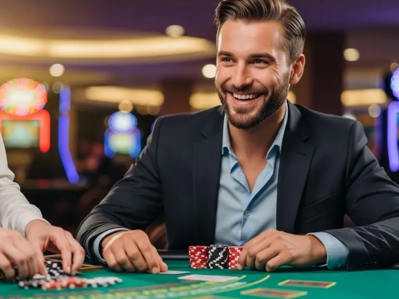 Young man smiling at a casino table with poker chips, enjoying his time at Jefe Casino.