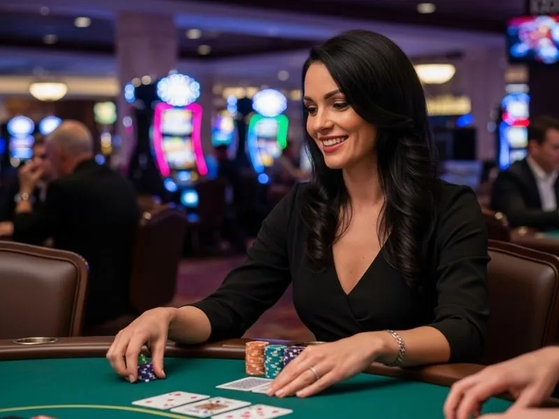 Lady holding poker chips at a casino table with cards, enjoying a game at Just Bet Casino