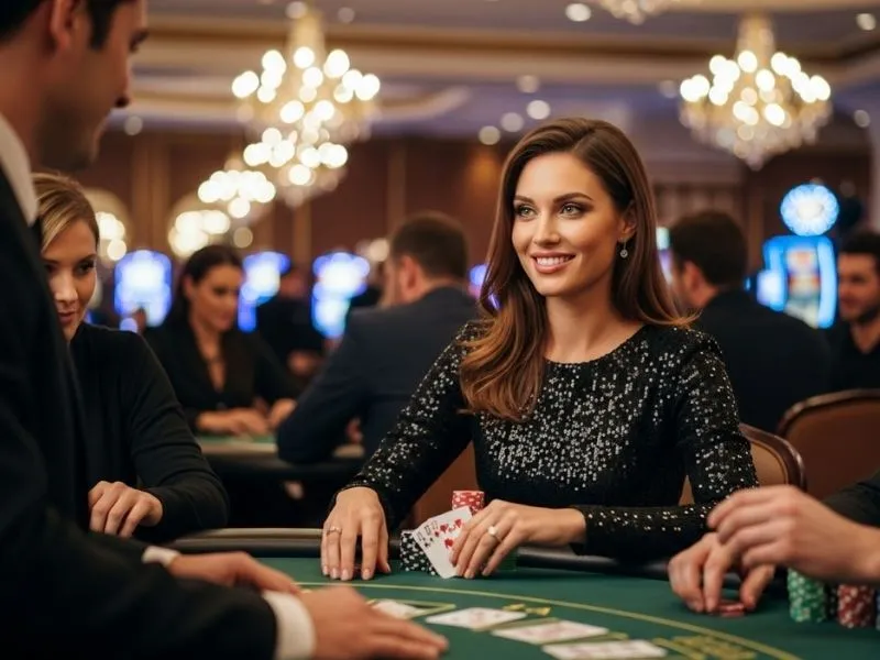 Lady playing baccarat at a physical casino table with colorful chips at Just Bet Casino.