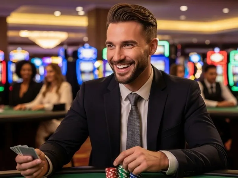Man happily smiling at a poker table with chips at Just Bet Casino.