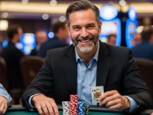 Man happily smiling with casino chips on the table at Just Bet Casino