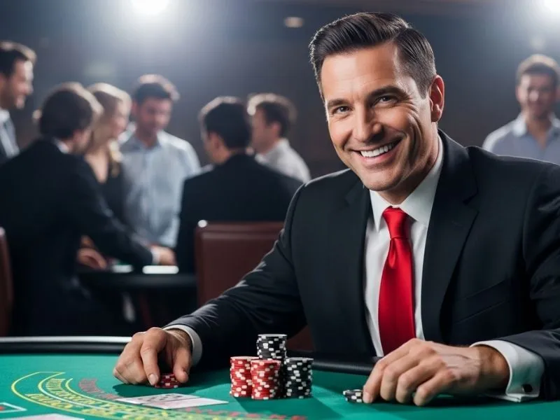 Man grinning while stacking chips on a table at a Pampanga casino