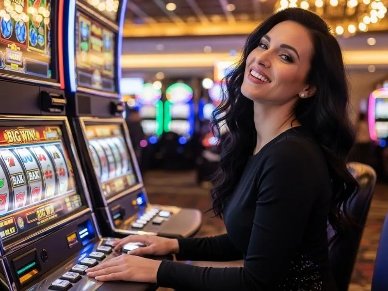 Woman laughing joyfully while spinning slot reels at a Pampanga casino