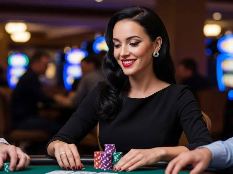 Smiling woman playing poker with chips at a Pampanga casino table