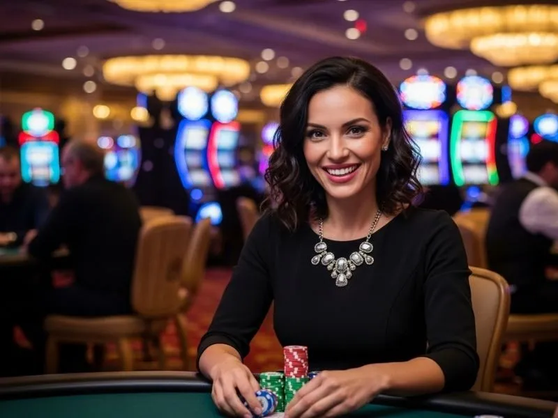 Woman sitting at a poker table with chips in a Pampanga casino, enjoying the casino experience.