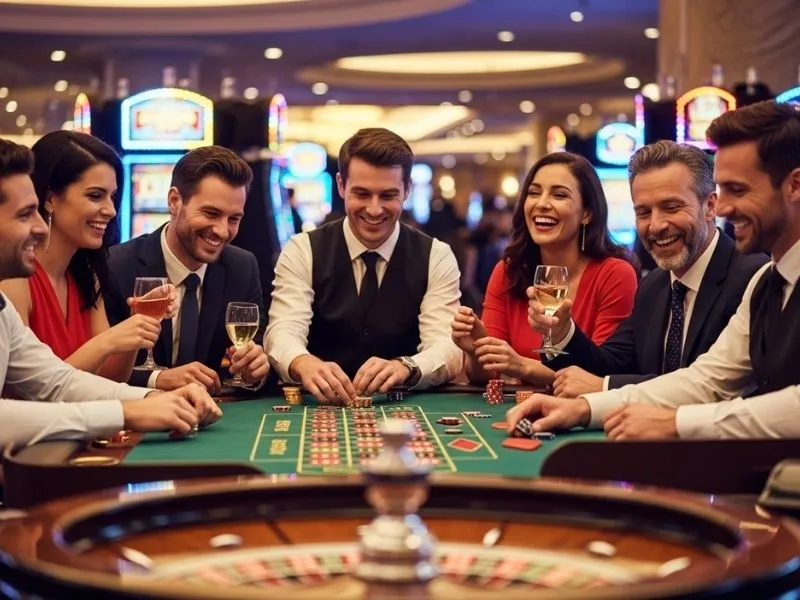 Friends laughing and enjoying a roulette table at a physical casino, inspired by the Persona 5 casino dice game atmosphere.