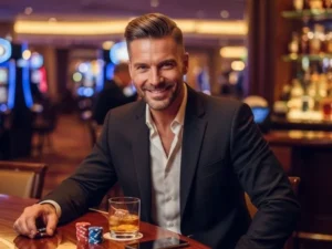 Man smiling while holding whiskey and casino chips in a physical casino setting, representing the excitement of the Persona 5 casino dice game.