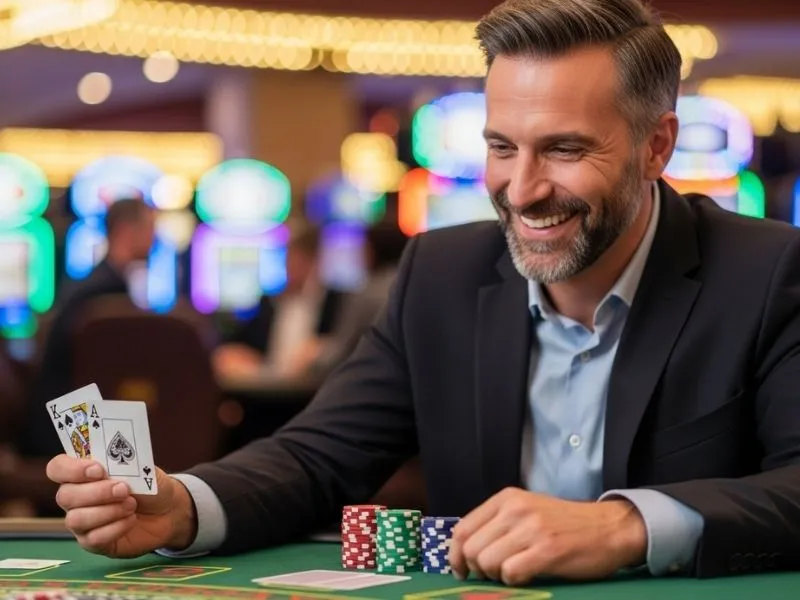 Old man smiling while playing a dice game with casino chips at a table in a physical casino — scene inspired by Persona 5 casino dice game.