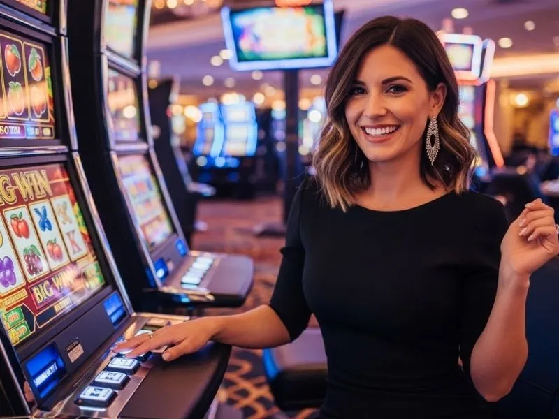 Player pressing a button on a slot machine at a real casino, inspired by the Persona 5 casino dice game atmosphere.