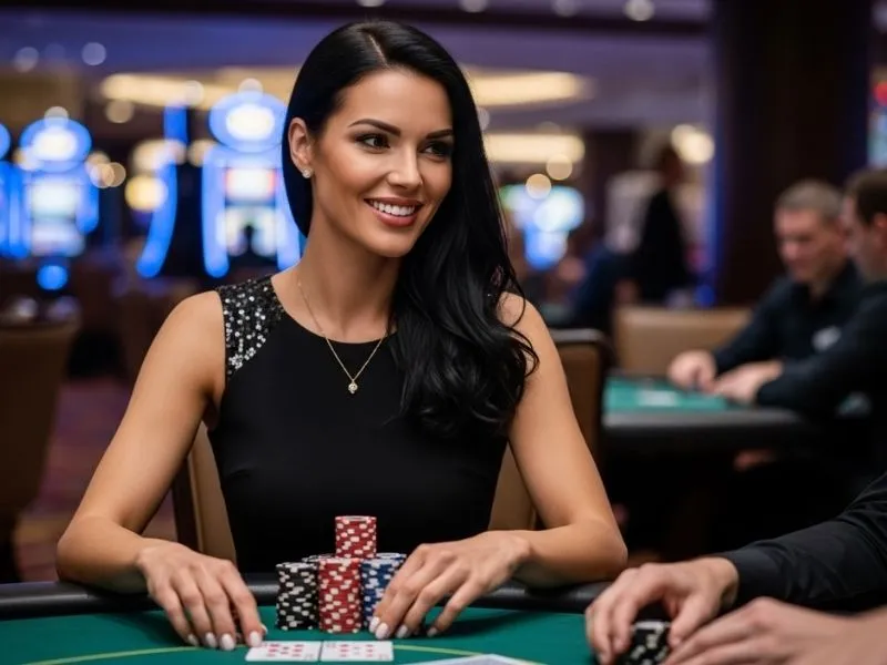 Woman laughing while playing poker at a physical casino table, enjoying the thrill of PhilBoss Online Casino.