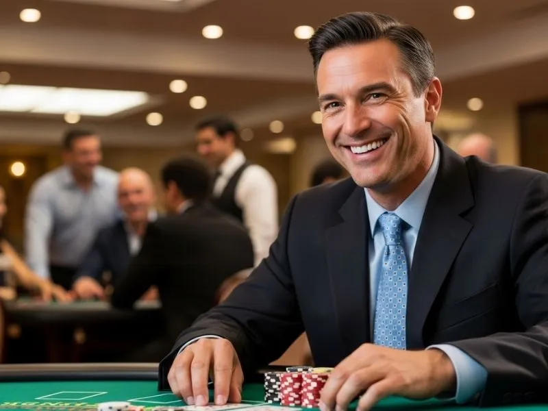 Man happily sitting at a poker table in a casino, enjoying the games at PhilBoss Online Casino