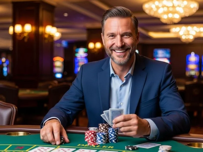 Man sitting at a casino table with chips and cards, representing the thrill of Philboss Online Casino.