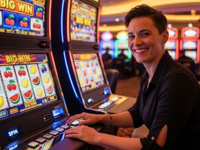 Happy player celebrating a big win at a slot machine in a physical casino, representing the excitement of PhilBoss online casino.