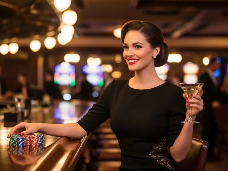 Smiling lady holding casino chips and a drink at Snow Wolf Casino gaming floor.