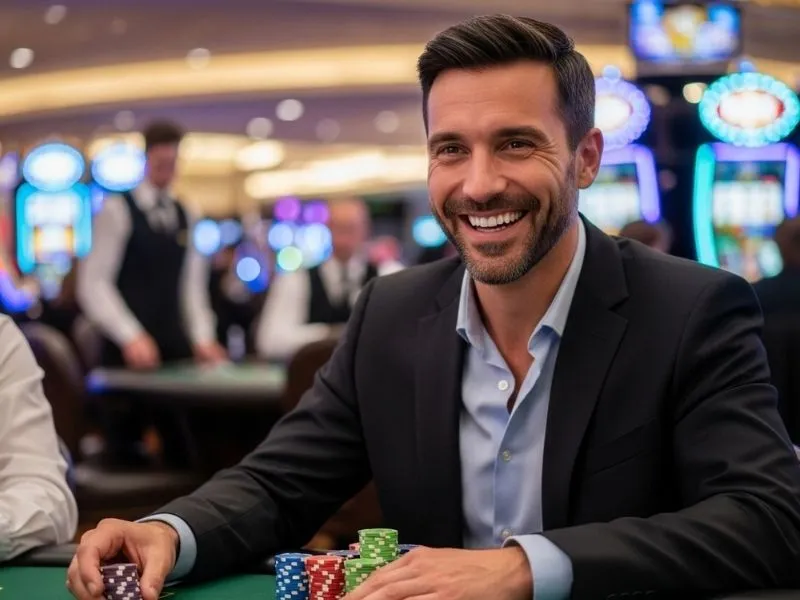 A man happily collecting casino chips after a big win at Snow Wolf Casino.