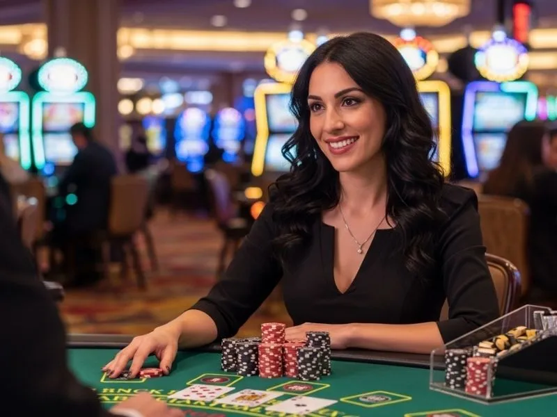 A woman smiling happily after winning a bet inside Snow Wolf Casino, enjoying the lively atmosphere of the gaming floor.