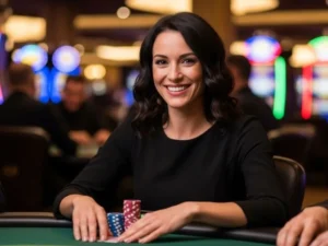 Young woman smiling while holding casino chips at a table inside Snow Wolf Casino.