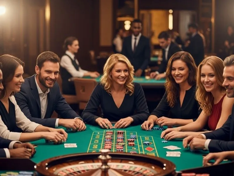 Group of friends enjoying table games at Suha Game Casino in a lively physical casino setting.