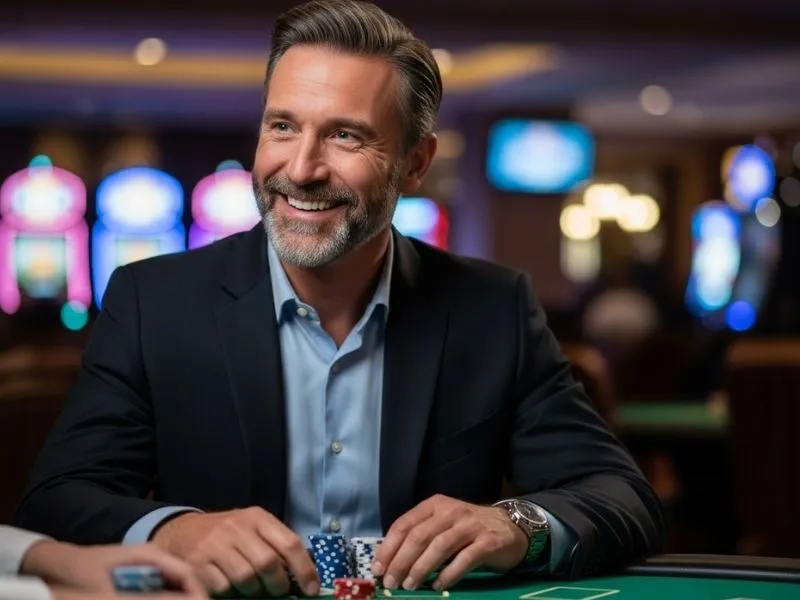 A happy man smiling after winning a poker bet in a physical casino, representing the excitement and winning vibe of Suha Game Casino.