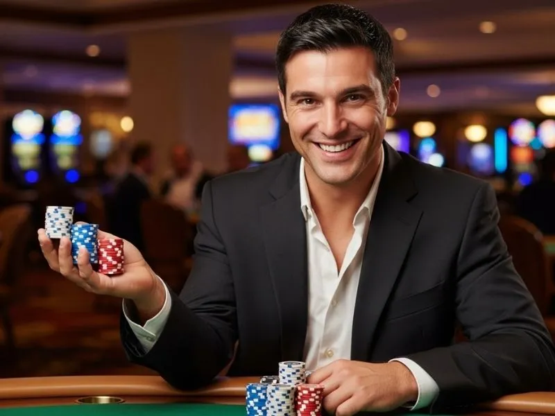 A man smiling and holding casino chips inside a real casino, representing the excitement of Suha Game Casino.