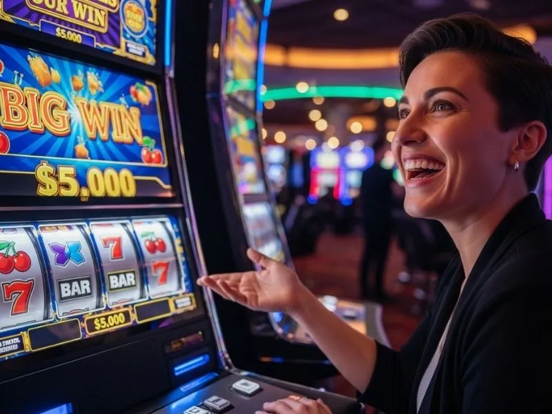 Woman celebrating a big slot machine win inside a physical casino, representing the excitement and fun atmosphere of Suha Game Casino.