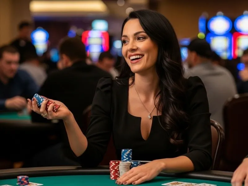 Happy woman holding chips at a casino table, enjoying her win at YG777 Casino