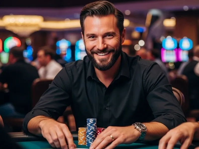 Man playing poker with chips on a table at a physical casino, enjoying the excitement at YG777 Casino.