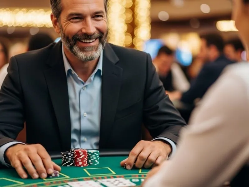 Man ready to bet with poker chips at a physical YG777 Casino table