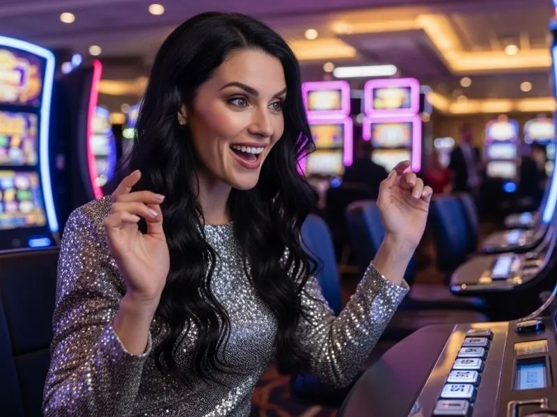 Happy player laughing while spinning slot reels at a physical casino, enjoying the excitement of YG777 Casino