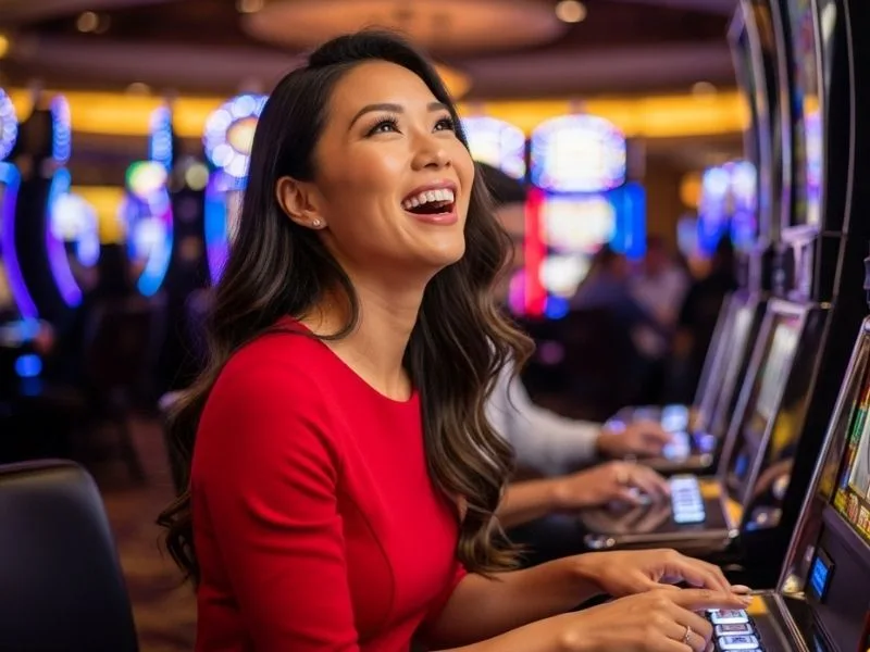 Happy woman enjoying a slot machine at a casino, experiencing the thrill of 99jl casino games in person.