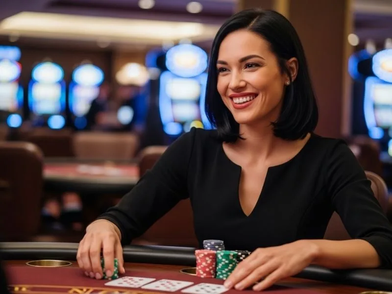 Happy woman smiling while playing table games at a casino, enjoying her winnings with 99jl Casino excitement.