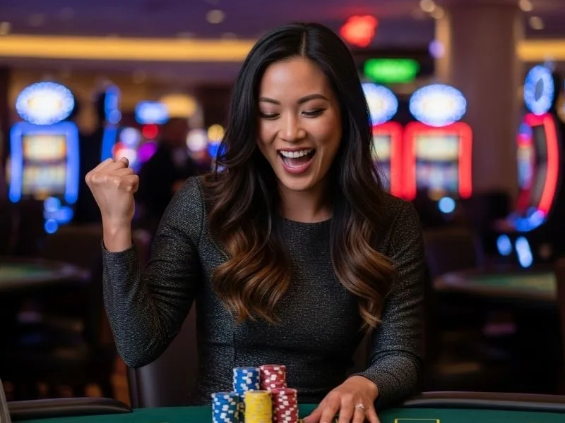 Happy woman playing at a casino table with chips in front of her at 99jl casino