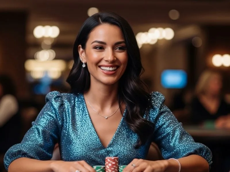 Woman smiling while playing at a casino table with chips, enjoying her game at 99jl casino.