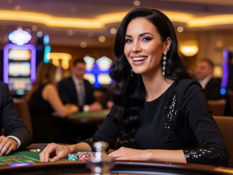 Alexa Ilacad Albie Casino player happily smiling while enjoying a game of roulette at a physical casino.