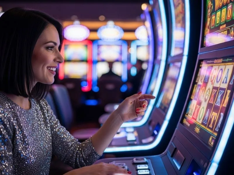 Joyful woman playing slot machines at a casino, enjoying her wins at Alexa Ilacad Albie Casino