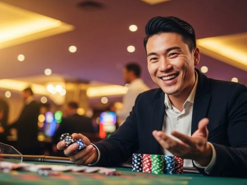 Cheerful man playing poker with chips at a physical casino, enjoying the excitement of Alexa Ilacad Albie Casino.