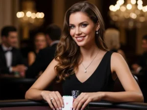 Smiling woman enjoying a poker game at a casino table, representing Alexa Ilacad Albie Casino experience.