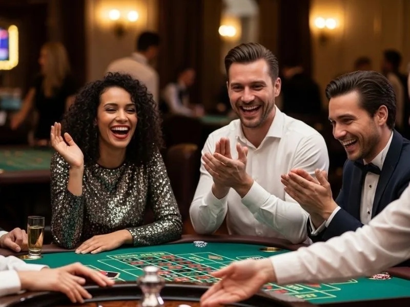 Friends laughing and enjoying a roulette game at a casino, having fun while thinking about Bonus Casino 777.
