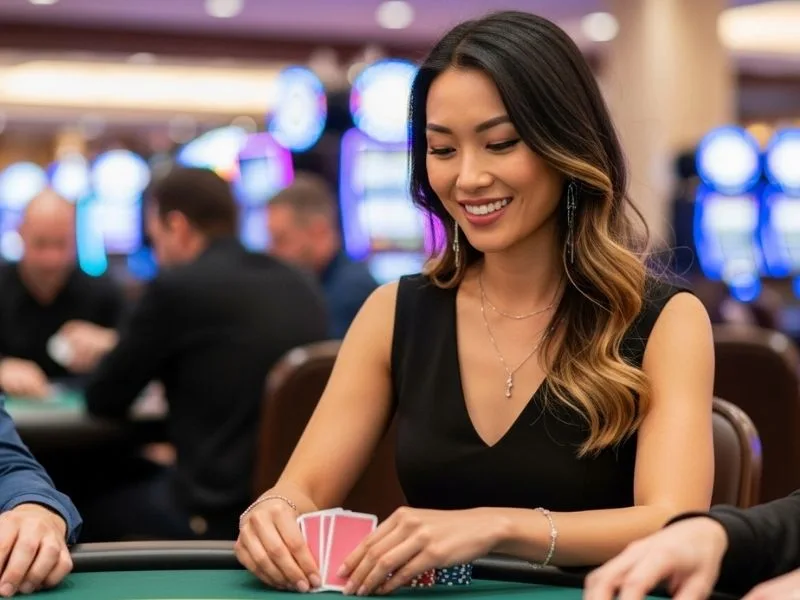 Happy lady smiling while playing card games at a casino, enjoying her time at Bonus Casino 777.