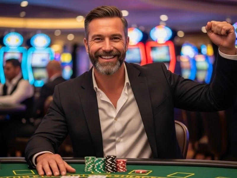 Happy elderly man playing blackjack at a physical casino table with chips, enjoying his game at Bonus Casino 777