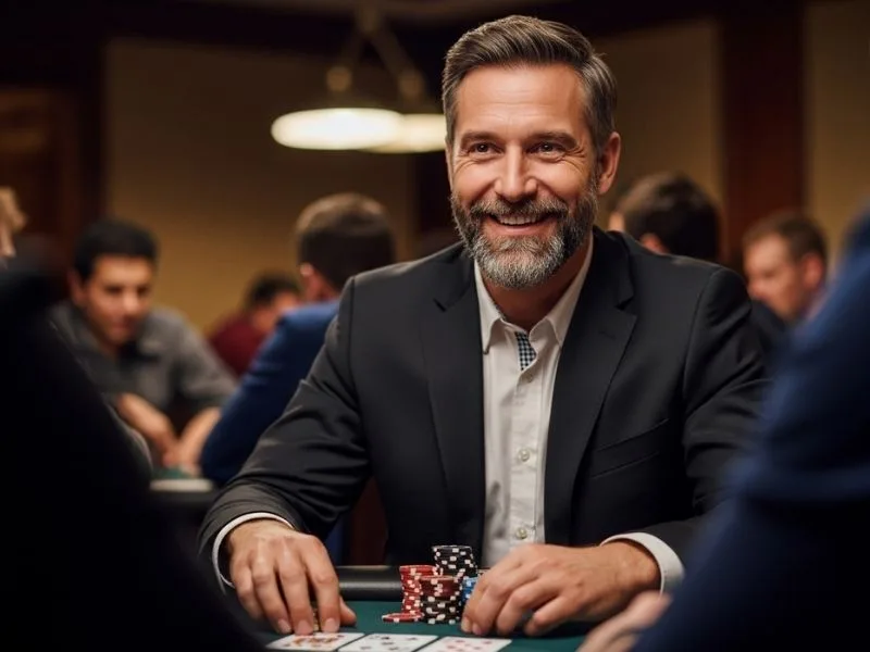 Smiling elderly man enjoying a card game at a physical casino table, representing Bonus Casino 777 experience.