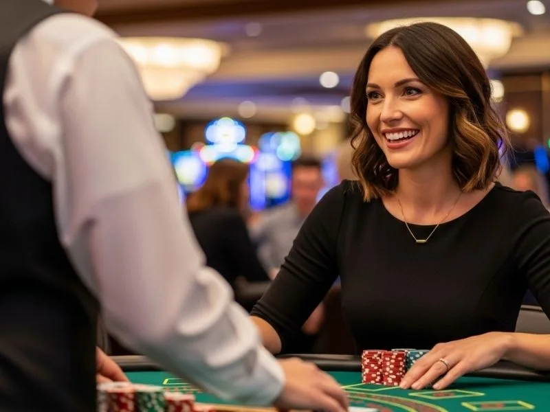 Happy woman smiling while playing a casino game, enjoying her time at a physical casino; perfect representation of Casino Caliente Sport experience.