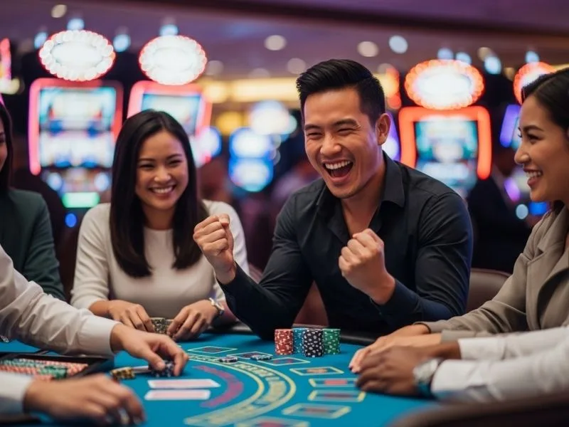Happy man laughing and enjoying a poker game with friends at a physical casino, featuring a lively atmosphere at Casino Caliente Sport.